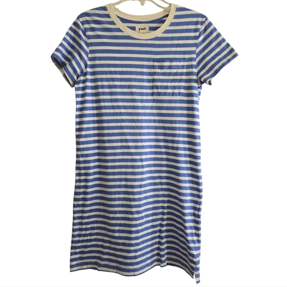Pact Organic Softspun Tee Dress in Bold Stripes Medium Blue White Chest Pocket - Picture 2 of 5